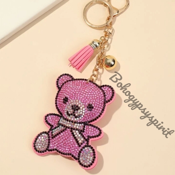 Bling Teddy Bear Crystal Rhinestone Keychain Bag Charm With Pink Tassel - Picture 3 of 13